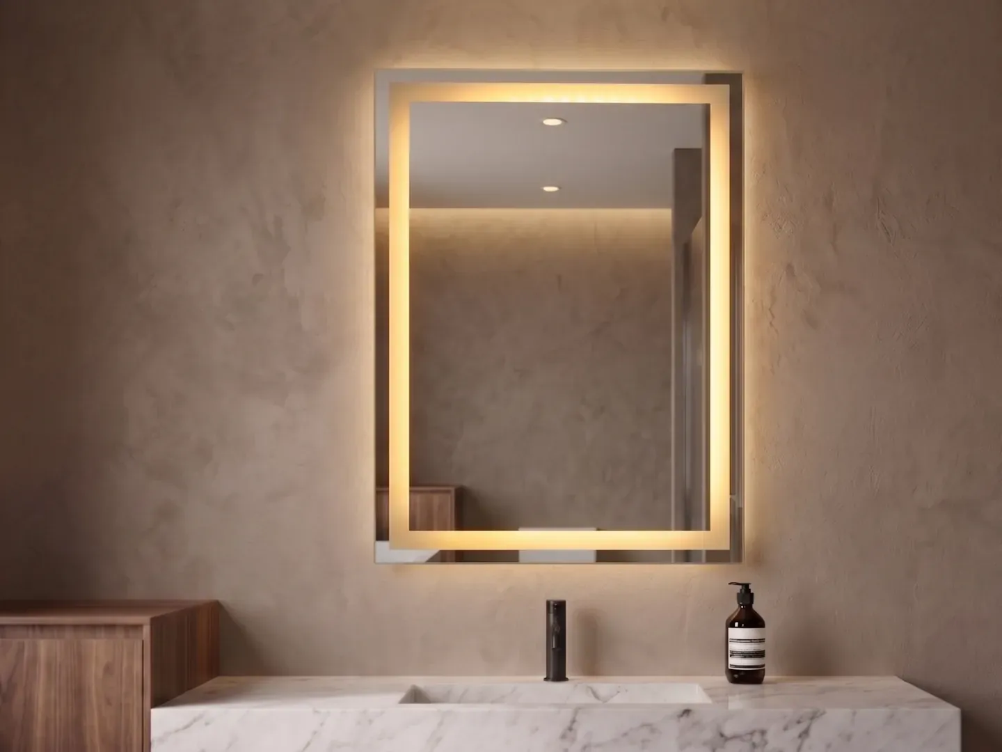 Marco 52 — Espejo LED rectangular de 37.5 × 52 cm con luz perimetral — luz cálida