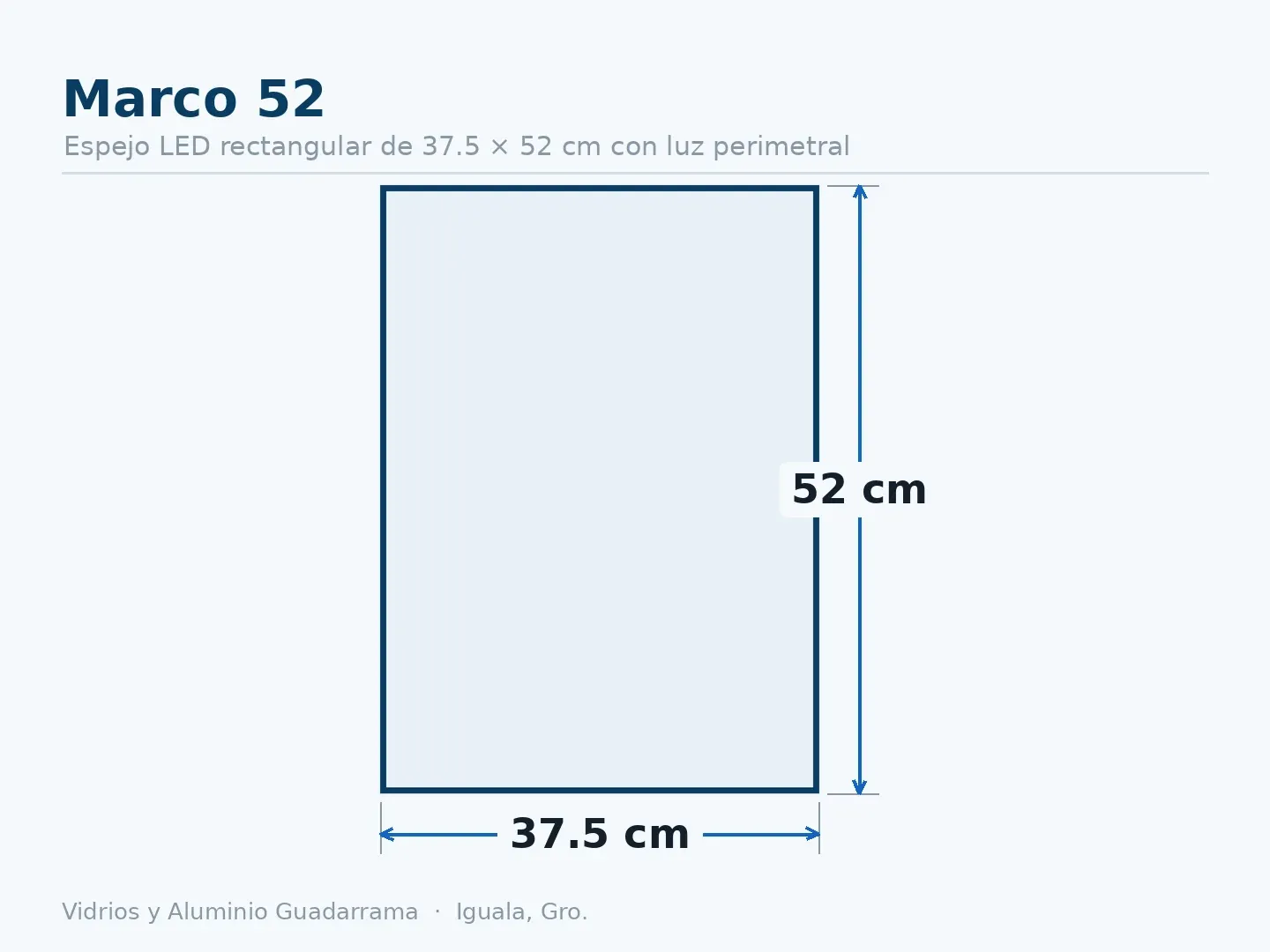 Marco 52 — Espejo LED rectangular de 37.5 × 52 cm con luz perimetral — medidas