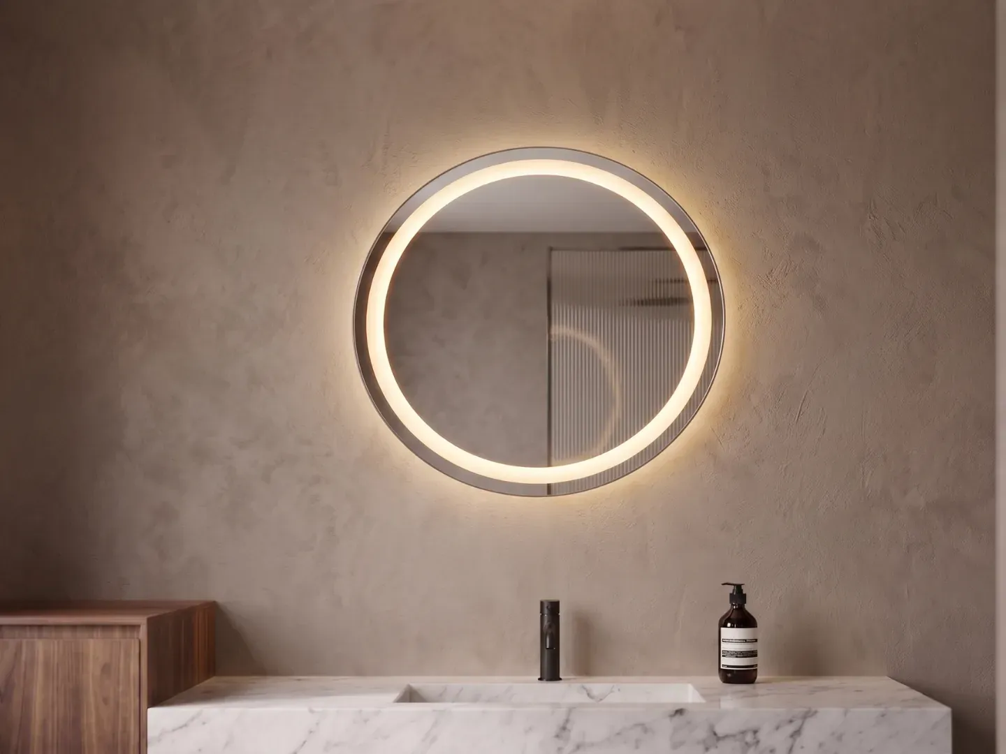 Halo 45 — Espejo LED redondo de 45 cm con aro de luz — luz cálida
