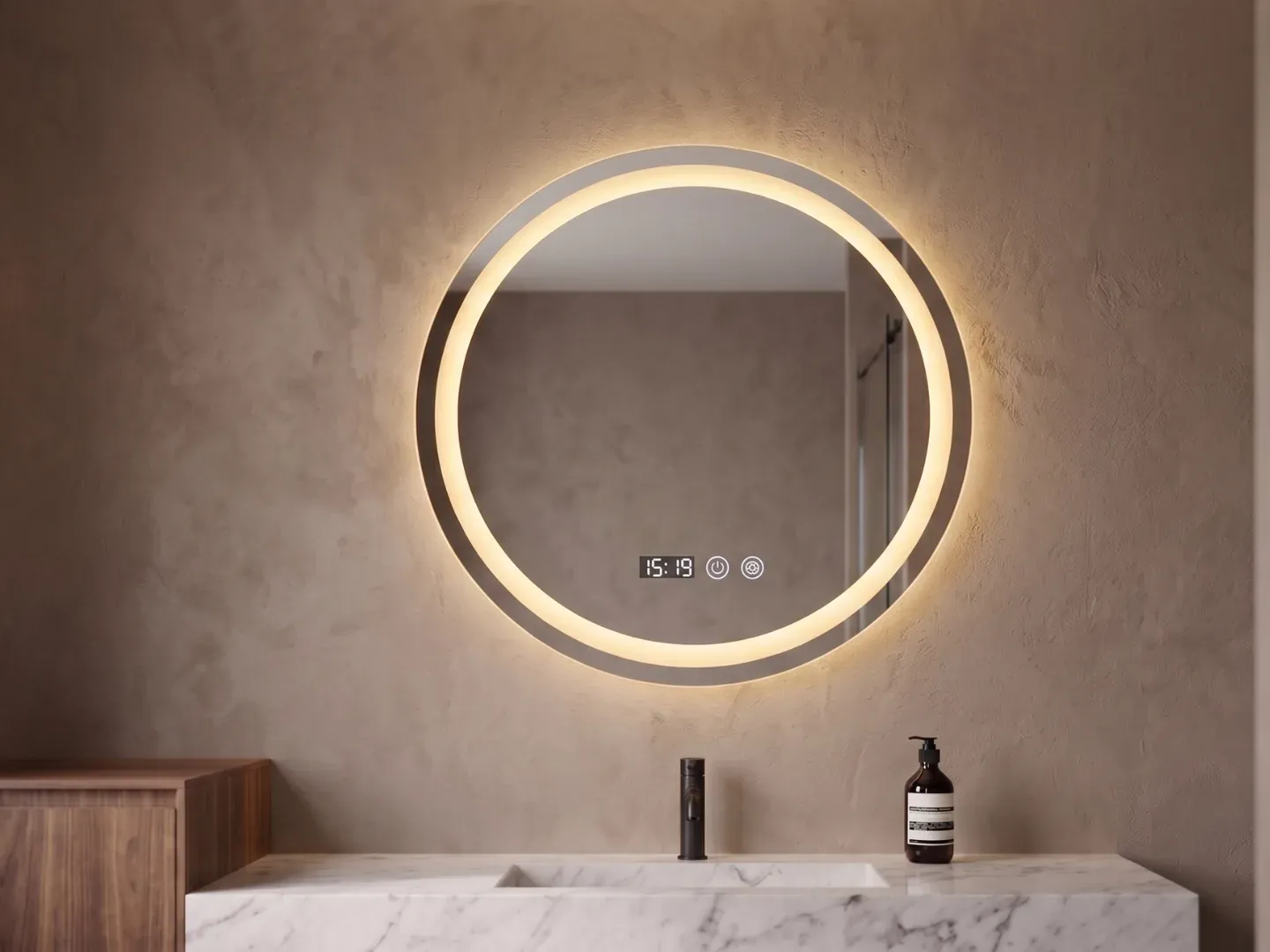 Hora 45 — Espejo LED redondo de 45 cm con reloj — luz cálida