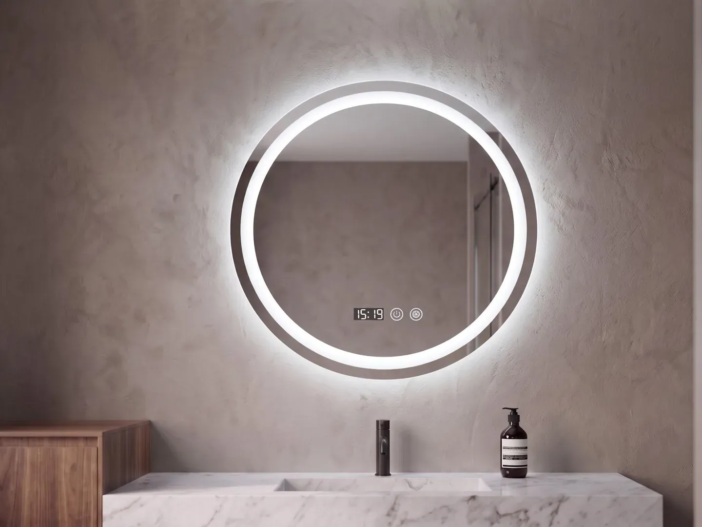 Hora 45 — Espejo LED redondo de 45 cm con reloj