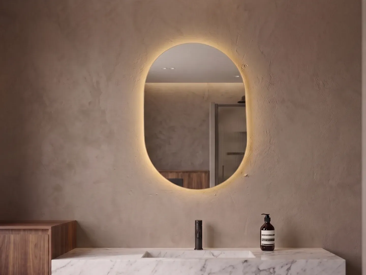 Aura 52 — Espejo LED ovalado de 37.5 × 52 cm retroiluminado — luz cálida