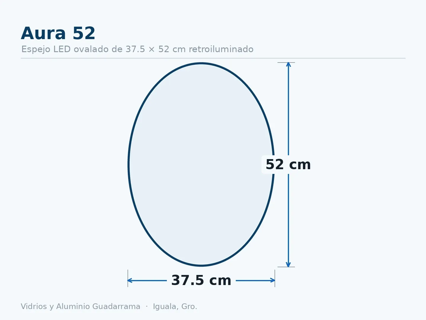 Aura 52 — Espejo LED ovalado de 37.5 × 52 cm retroiluminado — medidas