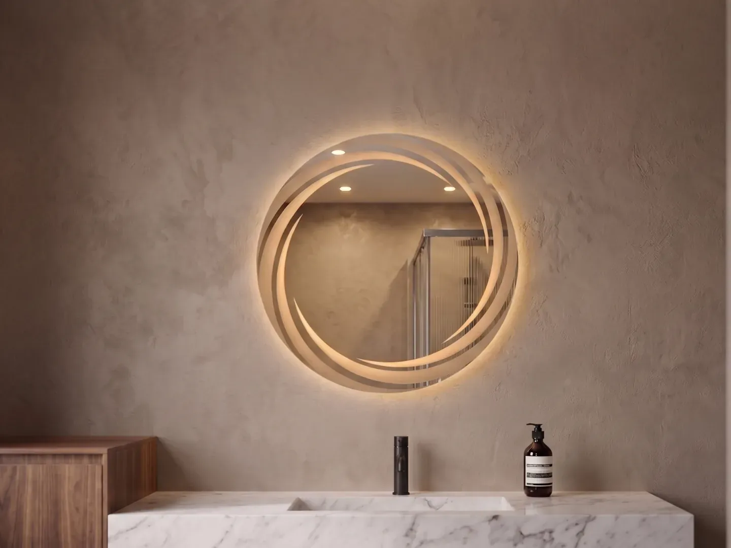 Laurel 45 — Espejo LED redondo de 45 cm con hojas grandes — luz cálida