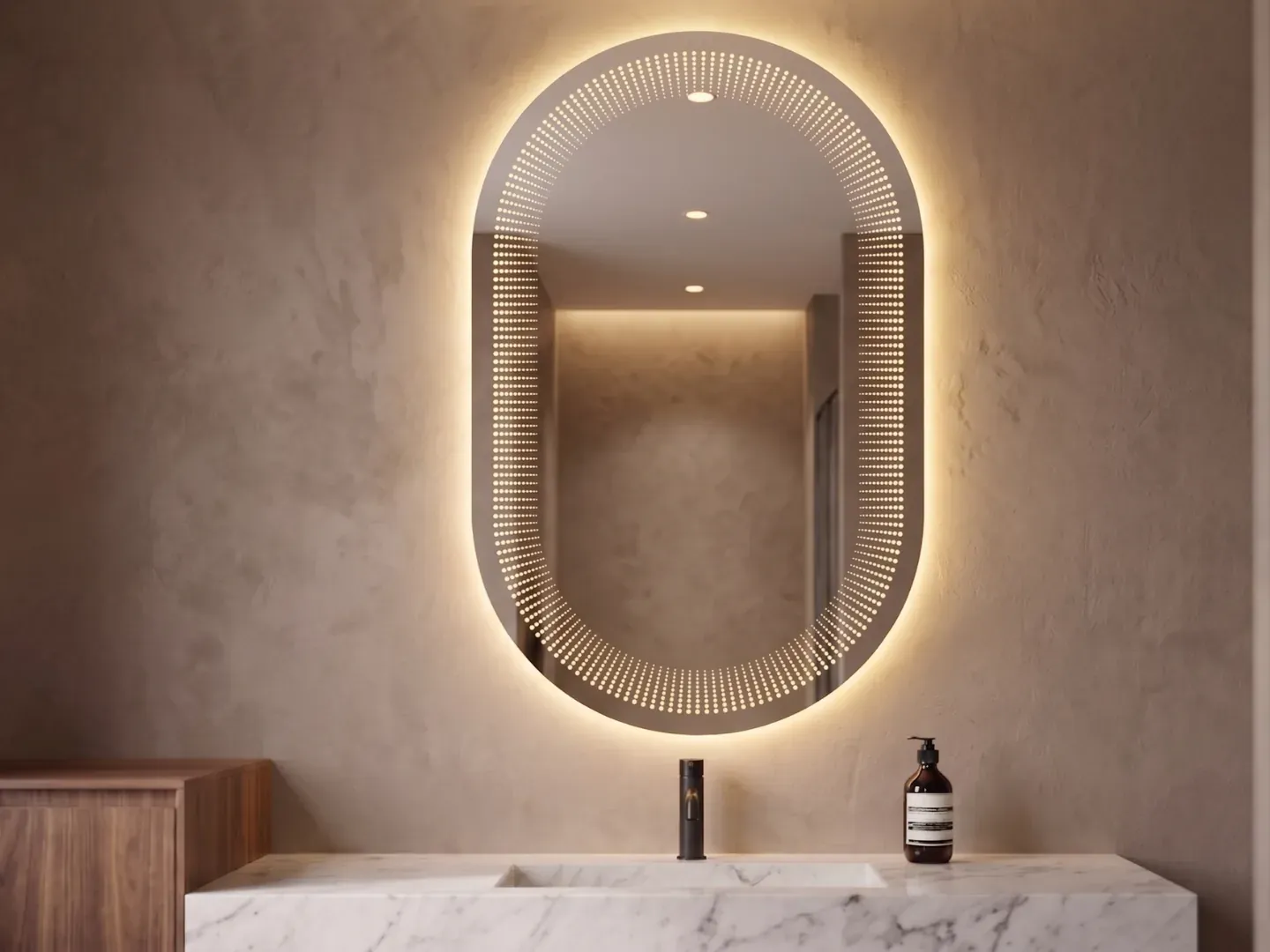 Estela 65 — Espejo LED ovalado de 40 × 64.5 cm con textura estriada — luz cálida