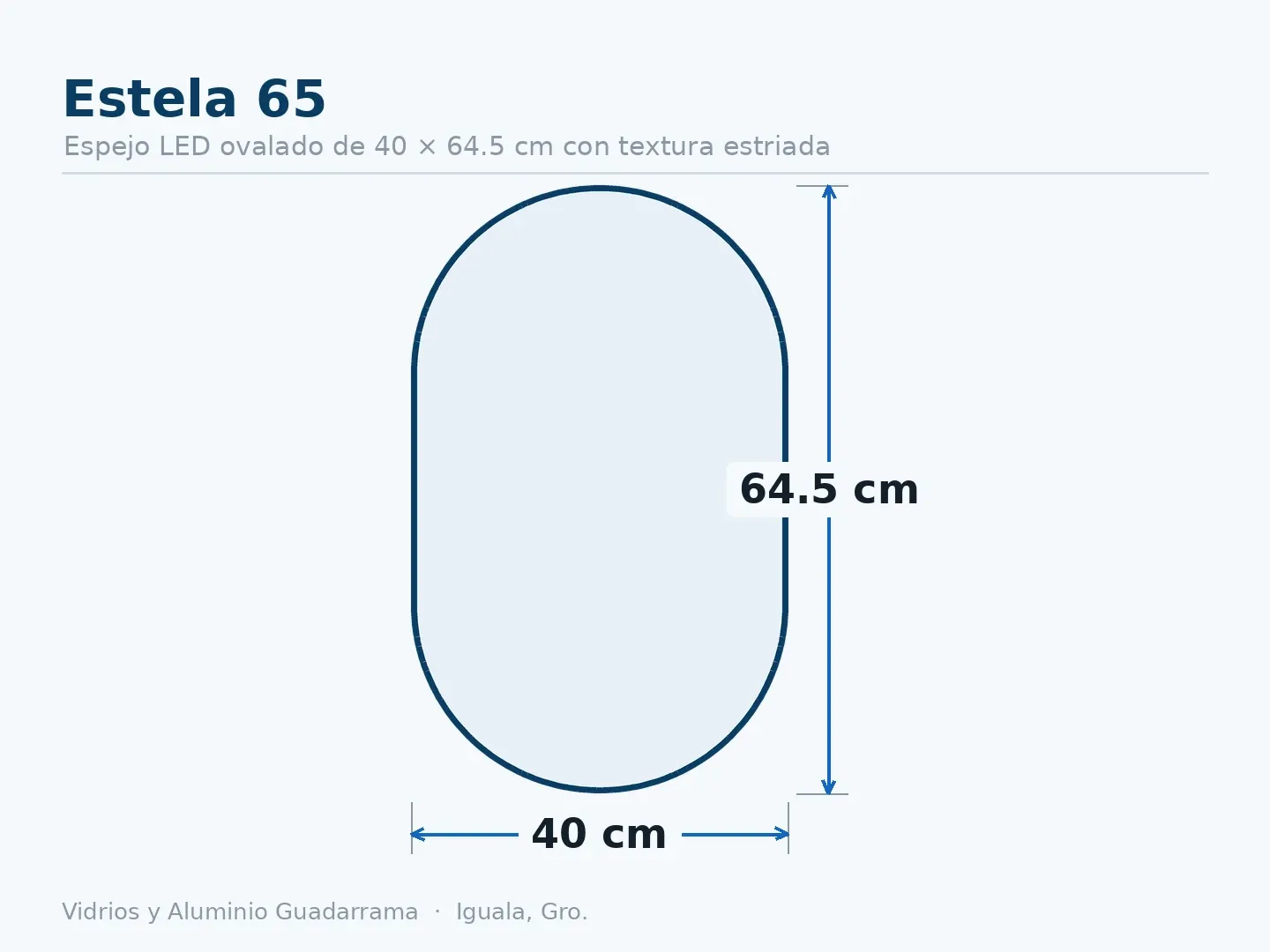 Estela 65 — Espejo LED ovalado de 40 × 64.5 cm con textura estriada — medidas