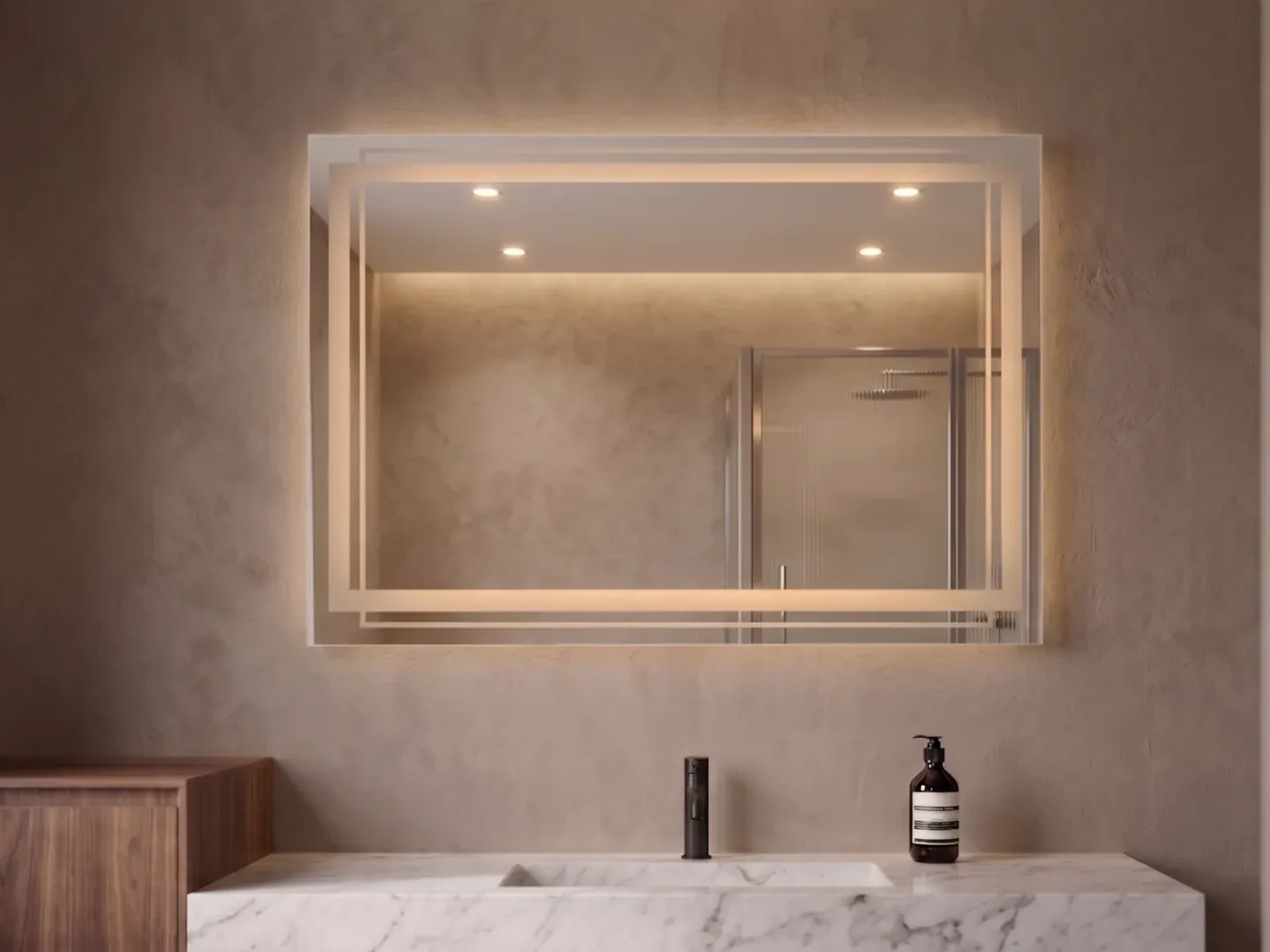Duo 70 — Espejo LED rectangular horizontal de 70 × 50 cm con doble luz perimetral — luz cálida