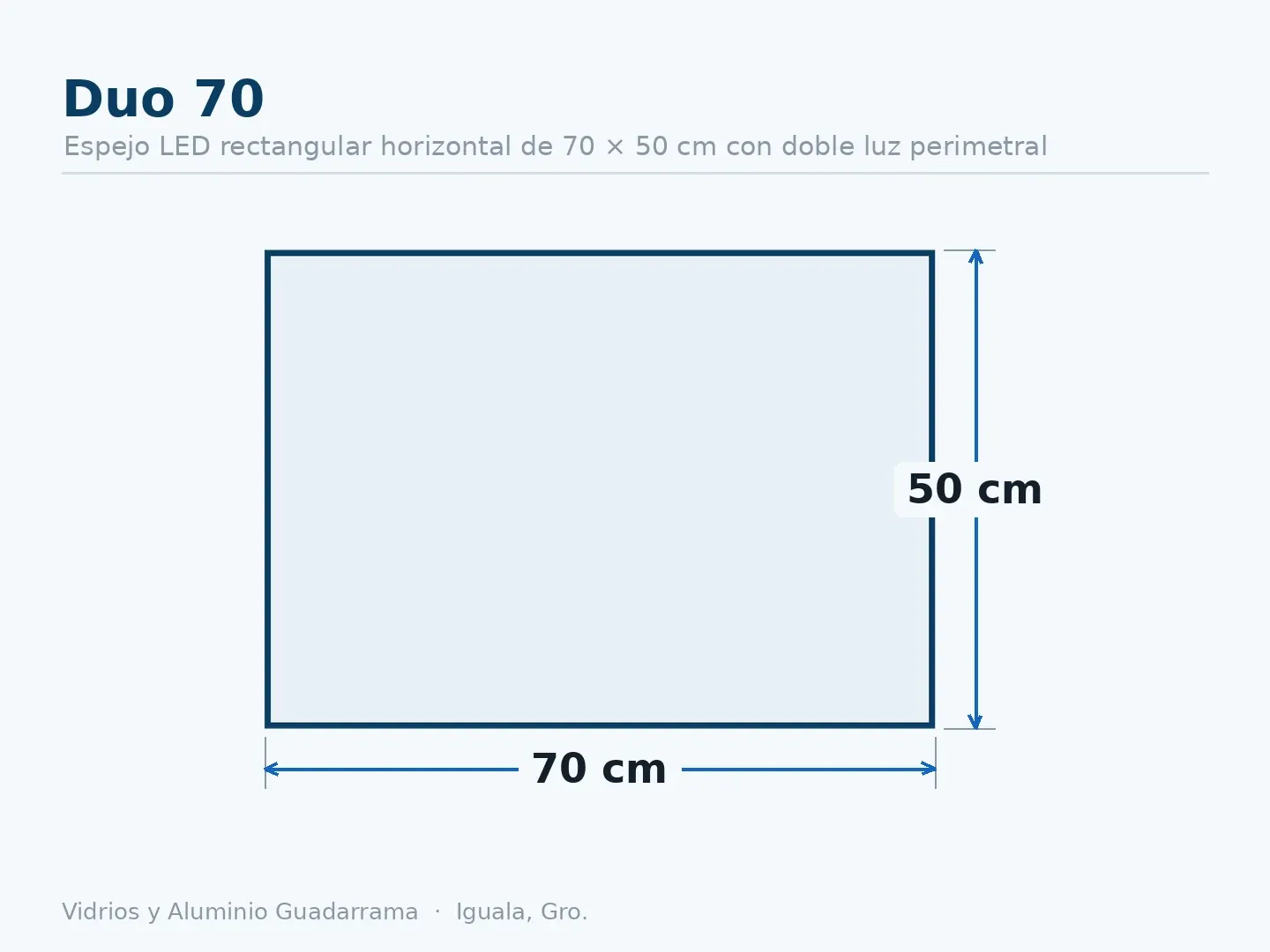 Duo 70 — Espejo LED rectangular horizontal de 70 × 50 cm con doble luz perimetral — medidas
