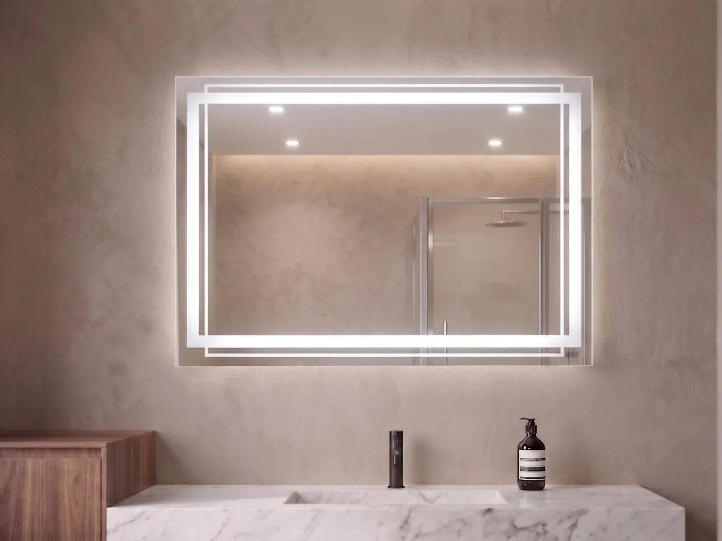 Duo 70 — Espejo LED rectangular horizontal de 70 × 50 cm con doble luz perimetral