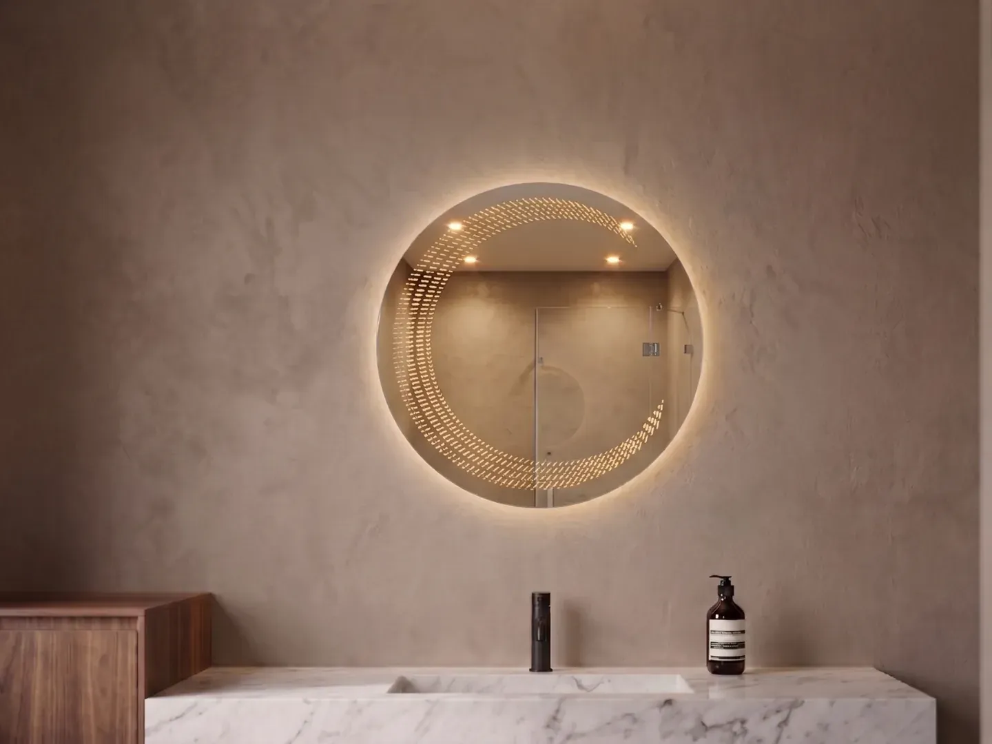 Luna 45 — Espejo LED redondo de 45 cm con efecto infinito — luz cálida