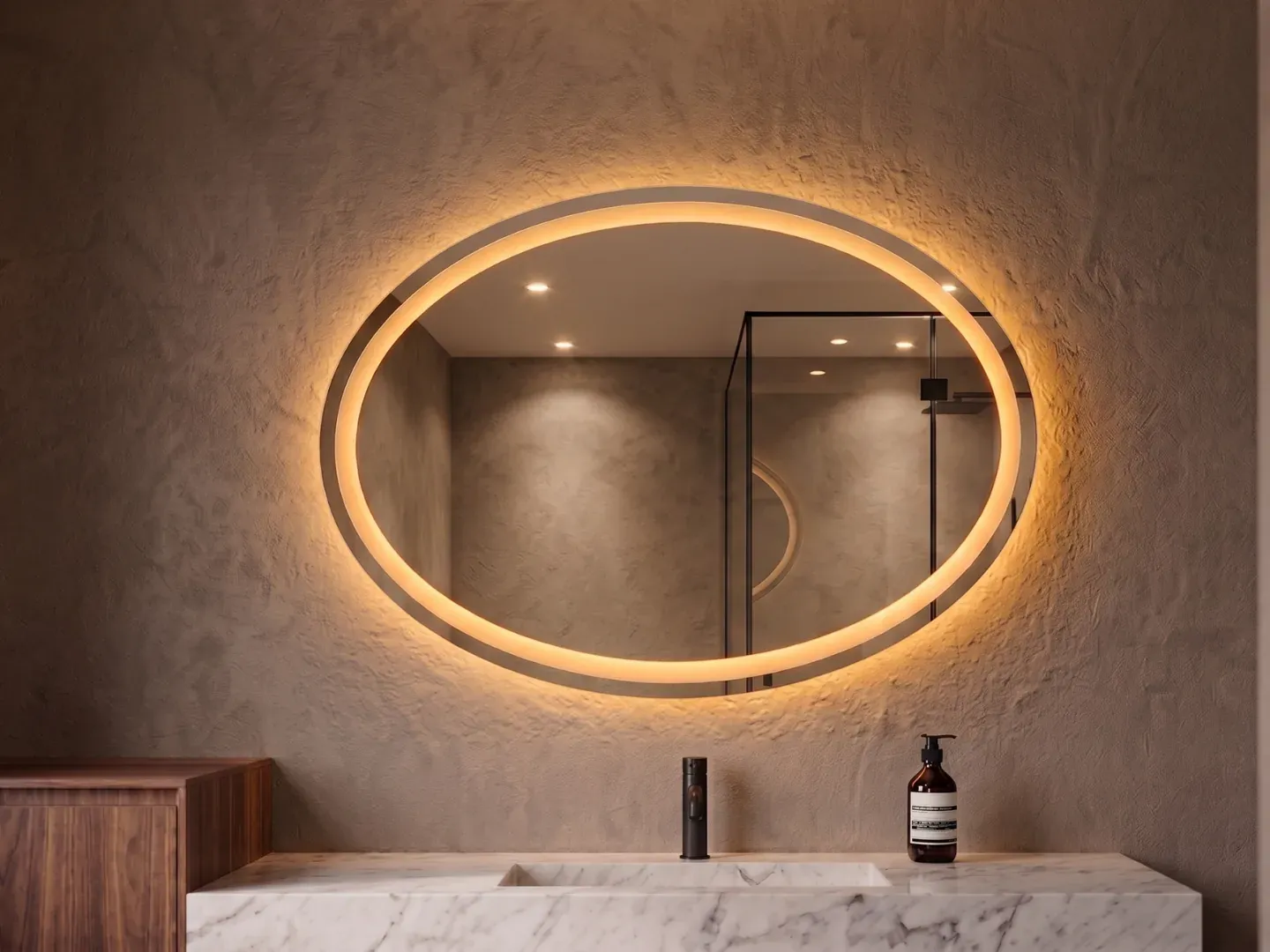 Horizonte 70 — Espejo LED ovalado horizontal de 70 × 50 cm con aro de luz — luz cálida