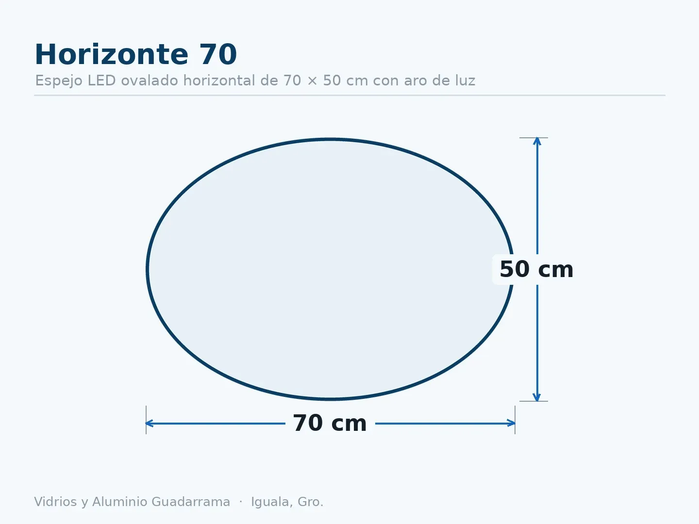 Horizonte 70 — Espejo LED ovalado horizontal de 70 × 50 cm con aro de luz — medidas
