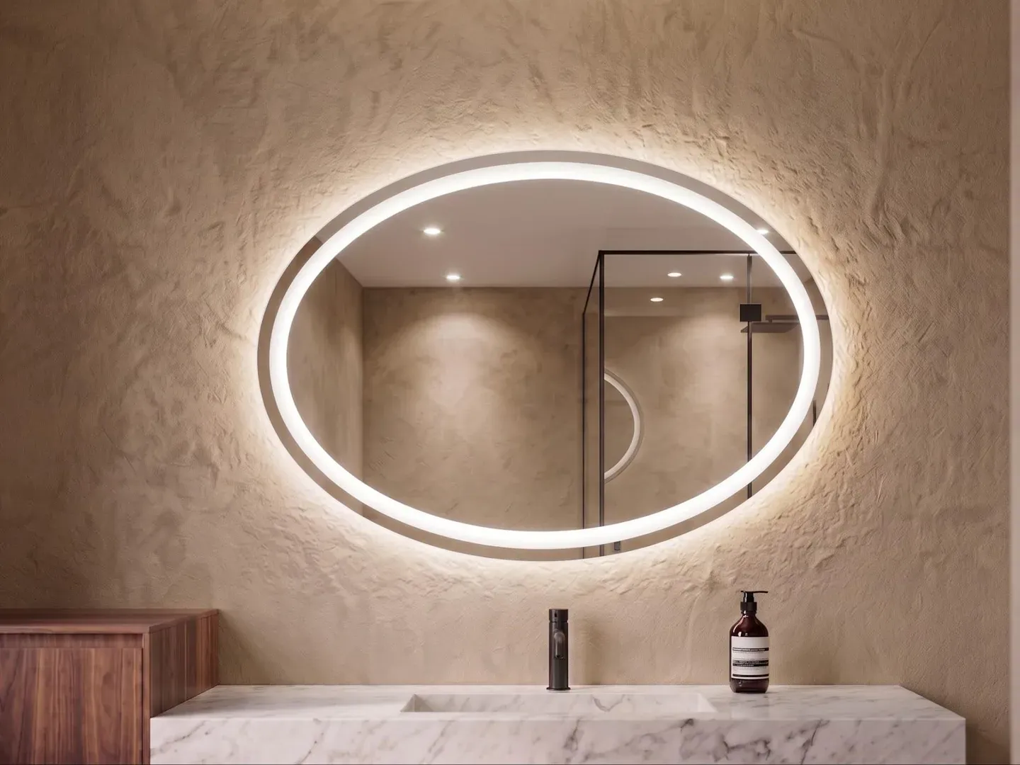 Horizonte 70 — Espejo LED ovalado horizontal de 70 × 50 cm con aro de luz