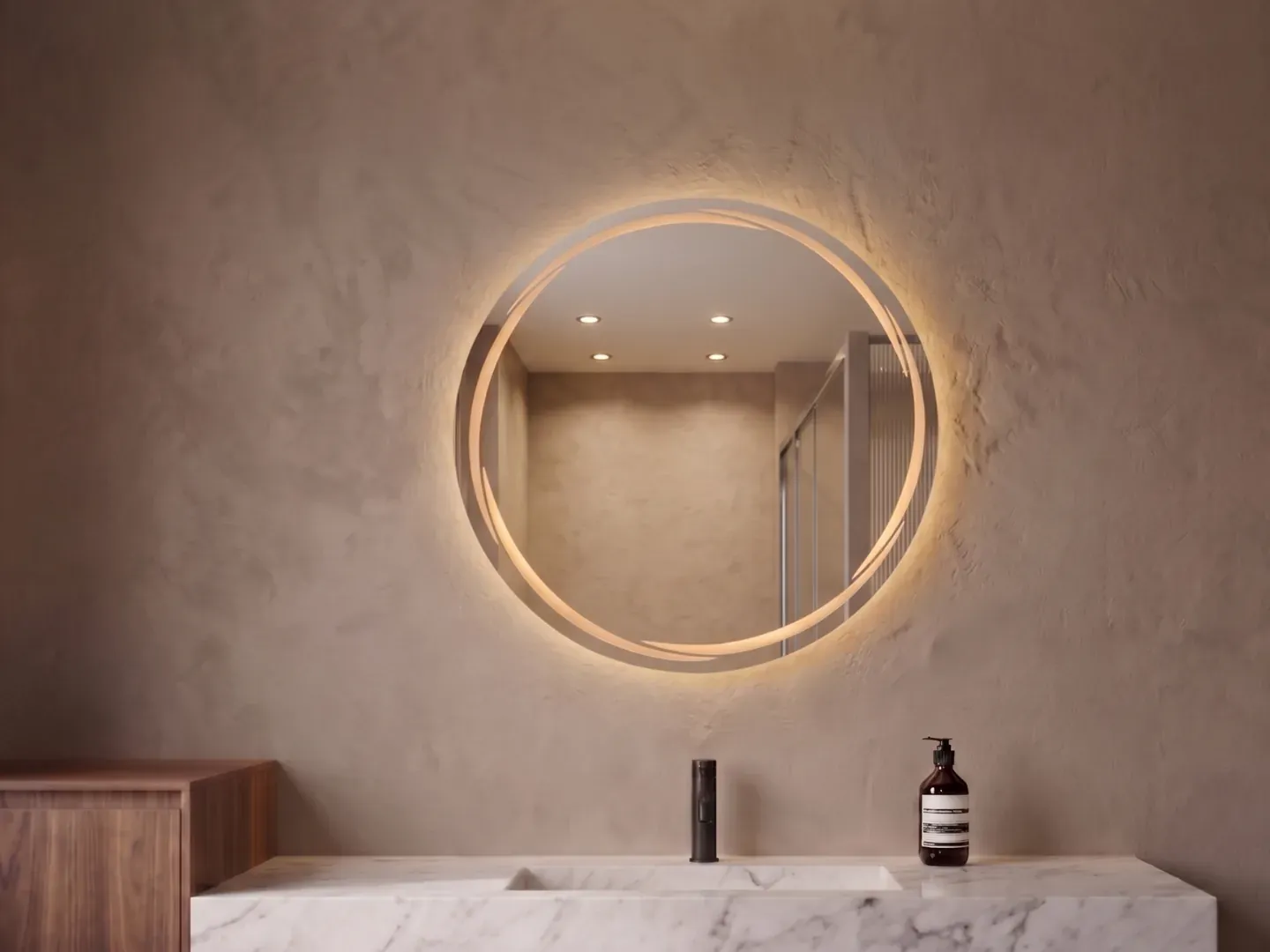 Olivo 45 — Espejo LED redondo de 45 cm con hojas de olivo — luz cálida