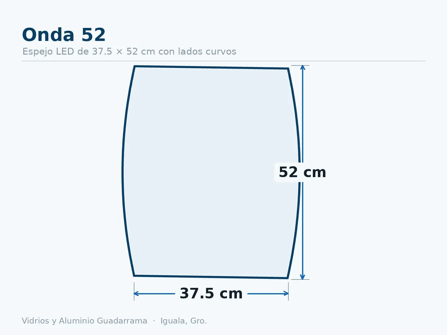 Onda 52 — Espejo LED de 37.5 × 52 cm con lados curvos — medidas