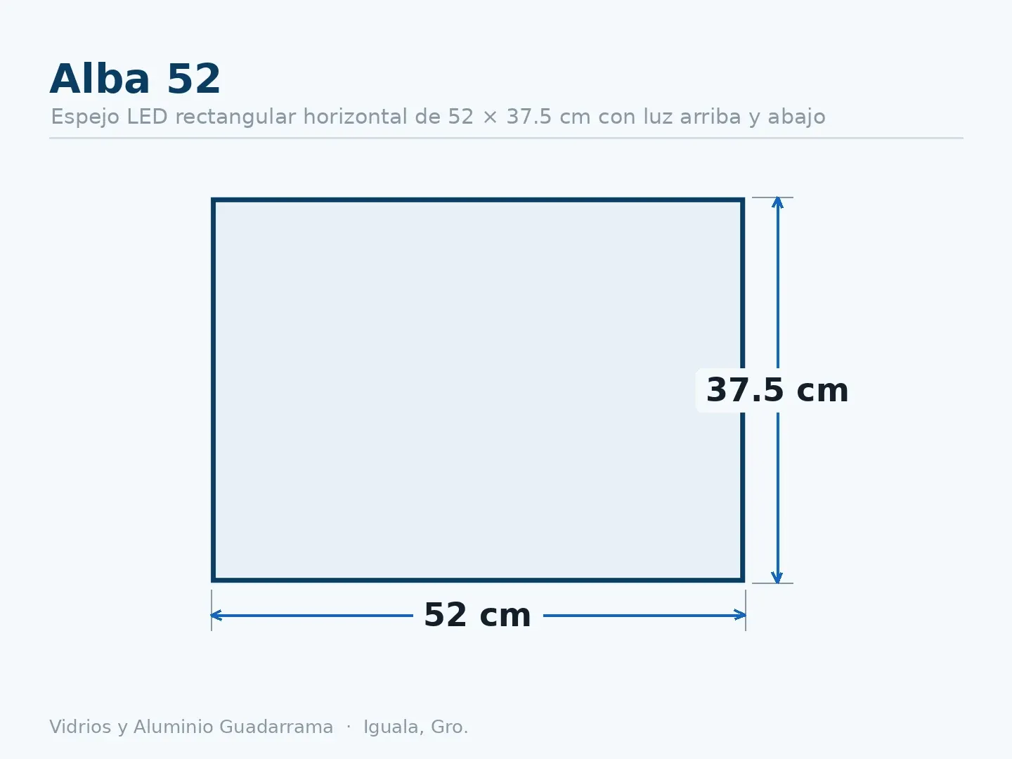 Alba 52 — Espejo LED rectangular horizontal de 52 × 37.5 cm con luz arriba y abajo — medidas