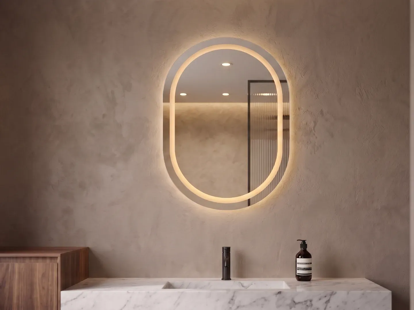 Elipse 52 — Espejo LED ovalado de 37.5 × 52 cm con luz perimetral — luz cálida