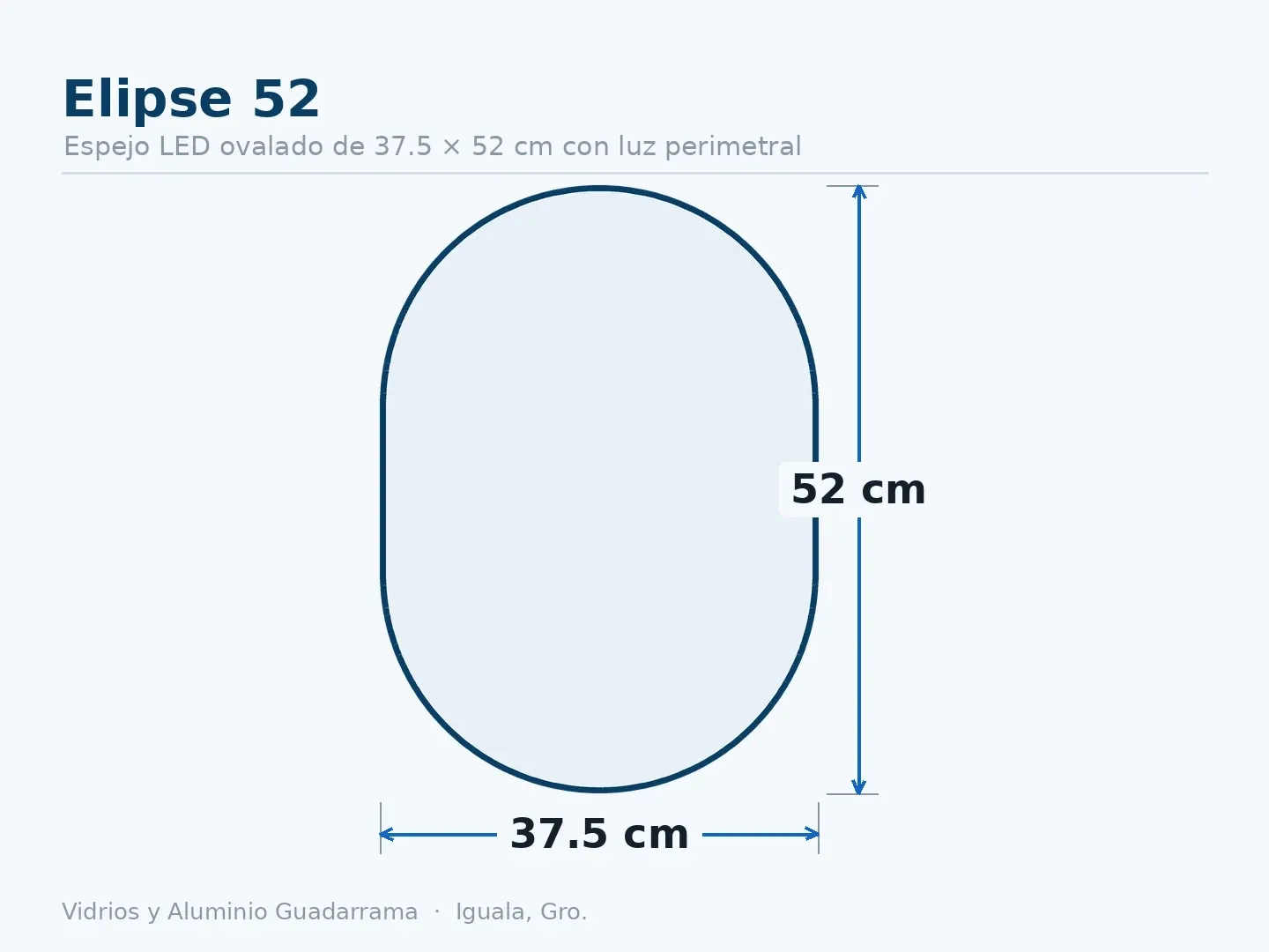 Elipse 52 — Espejo LED ovalado de 37.5 × 52 cm con luz perimetral — medidas