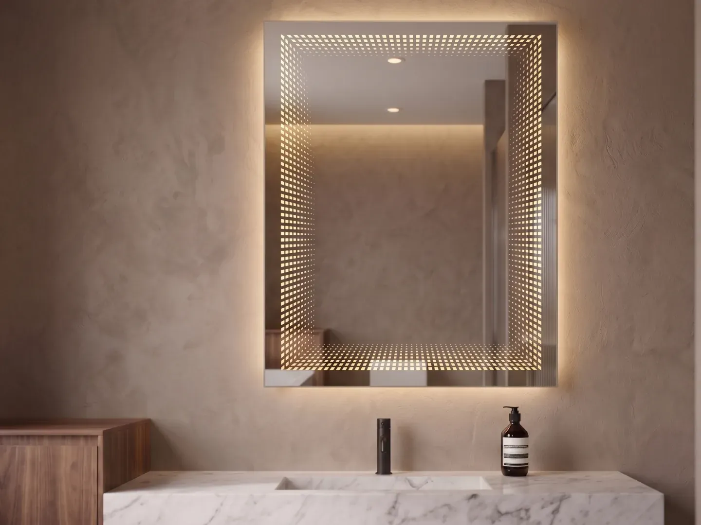 Infinito 52 — Espejo LED rectangular de 37.5 × 52 cm con efecto infinito — luz cálida