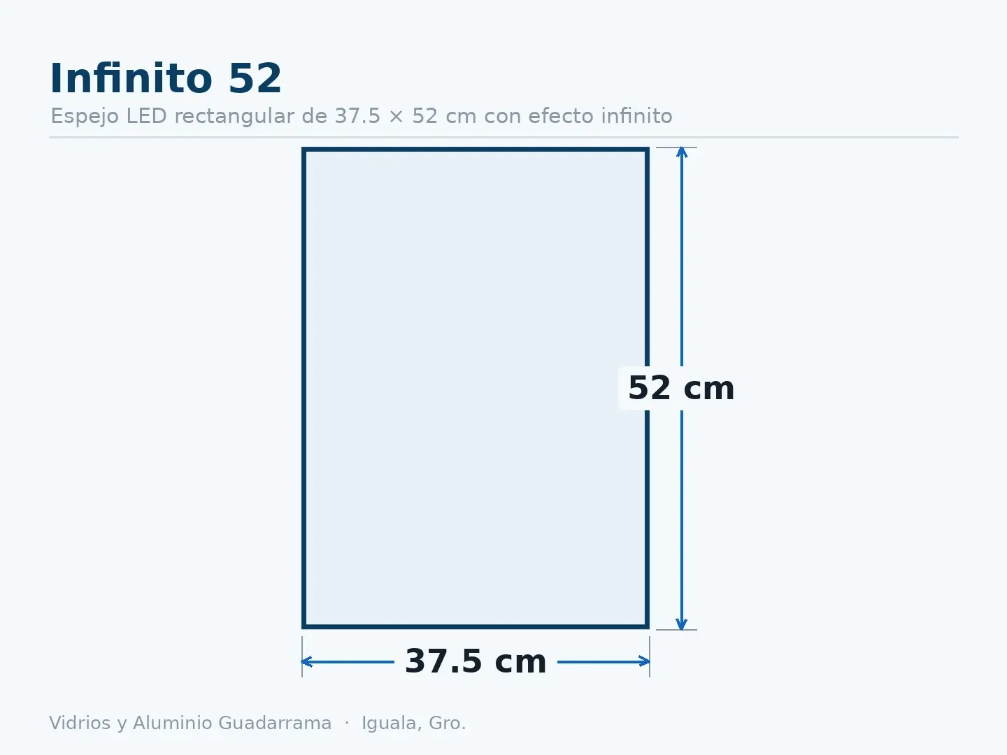 Infinito 52 — Espejo LED rectangular de 37.5 × 52 cm con efecto infinito — medidas