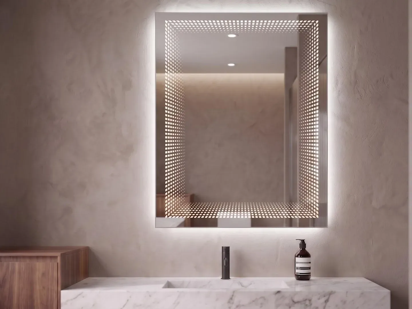 Infinito 52 — Espejo LED rectangular de 37.5 × 52 cm con efecto infinito