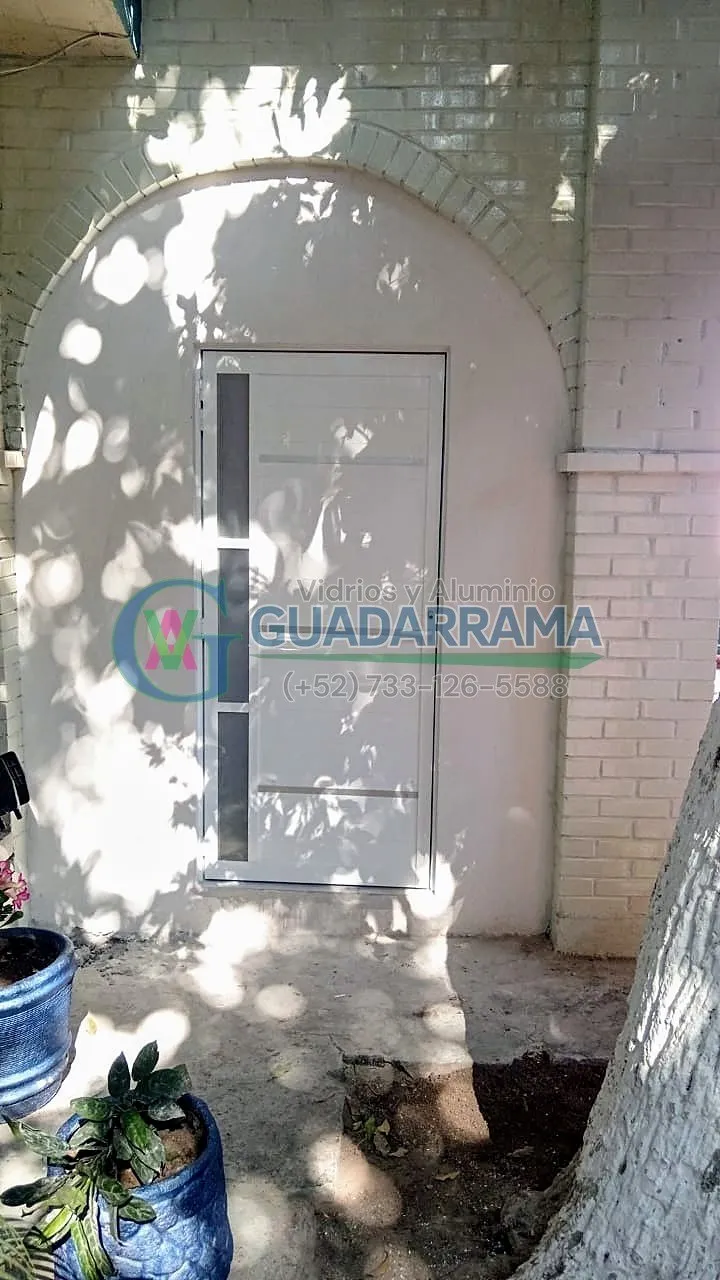 Puerta abatible de aluminio blanco para exterior, con un acabado limpio y funcional.