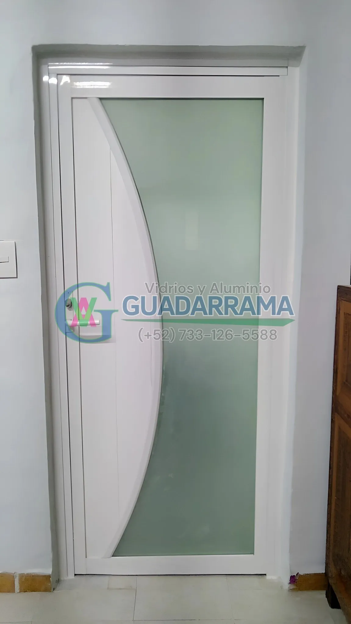 Puerta abatible en aluminio blanco con panel de vidrio tintex.