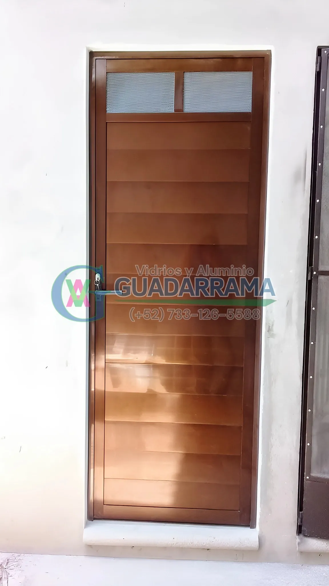 Puerta abatible de madera con vidrio esmerilado.