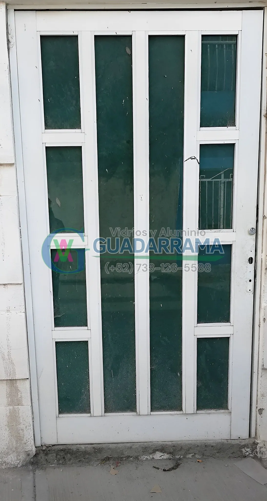 Puerta abatible de aluminio natural con vidrio tintex para exterior.