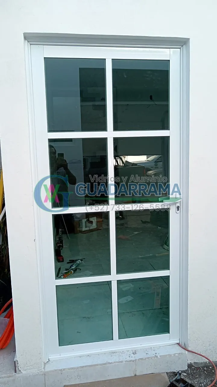 Una puerta abatible de aluminio natural para exterior, con vidrio tintex.