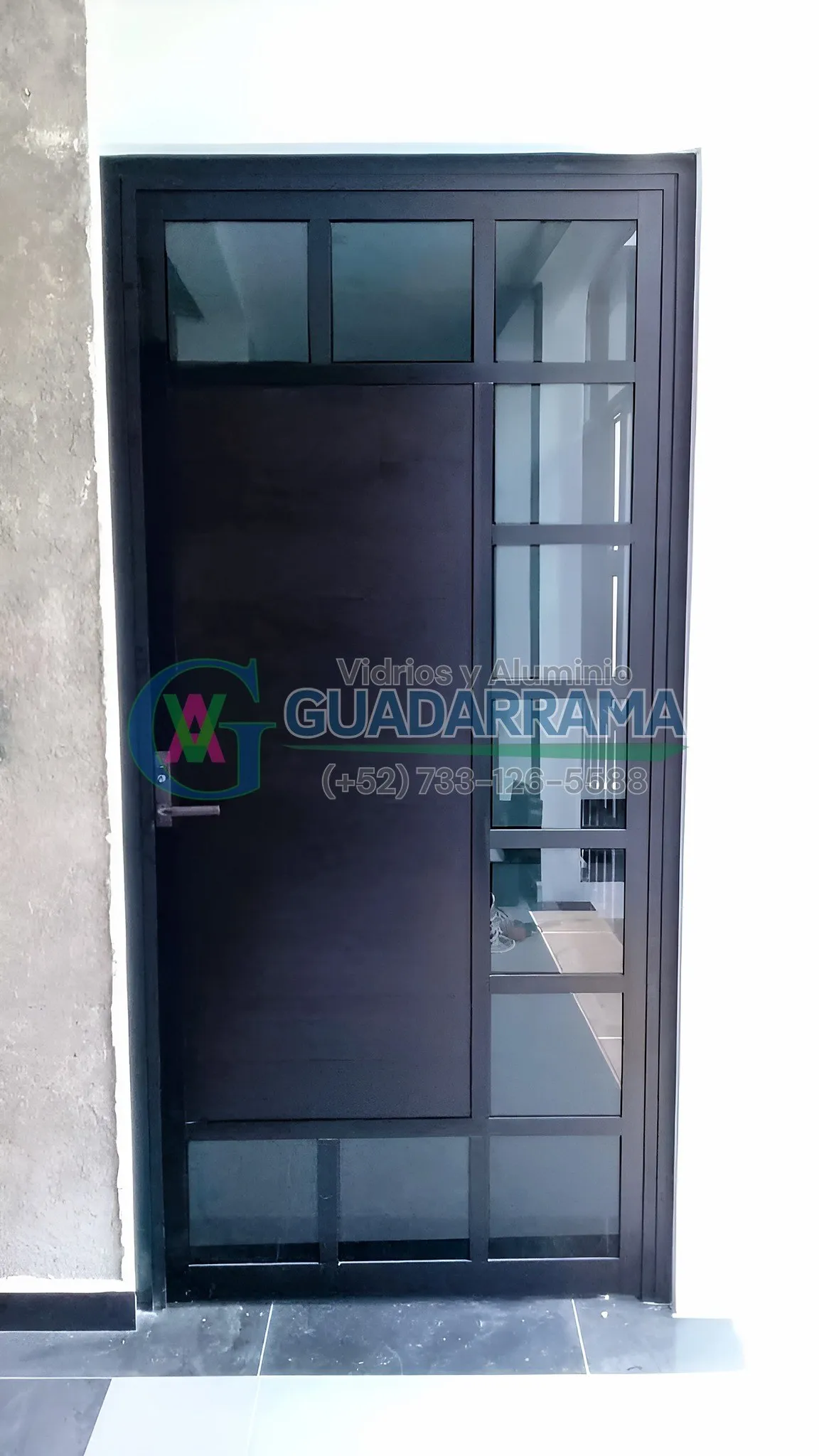 Puerta abatible en aluminio negro con vidrio filtrasol, perfecta para controlar la luz solar sin sacrificar la luminosidad.