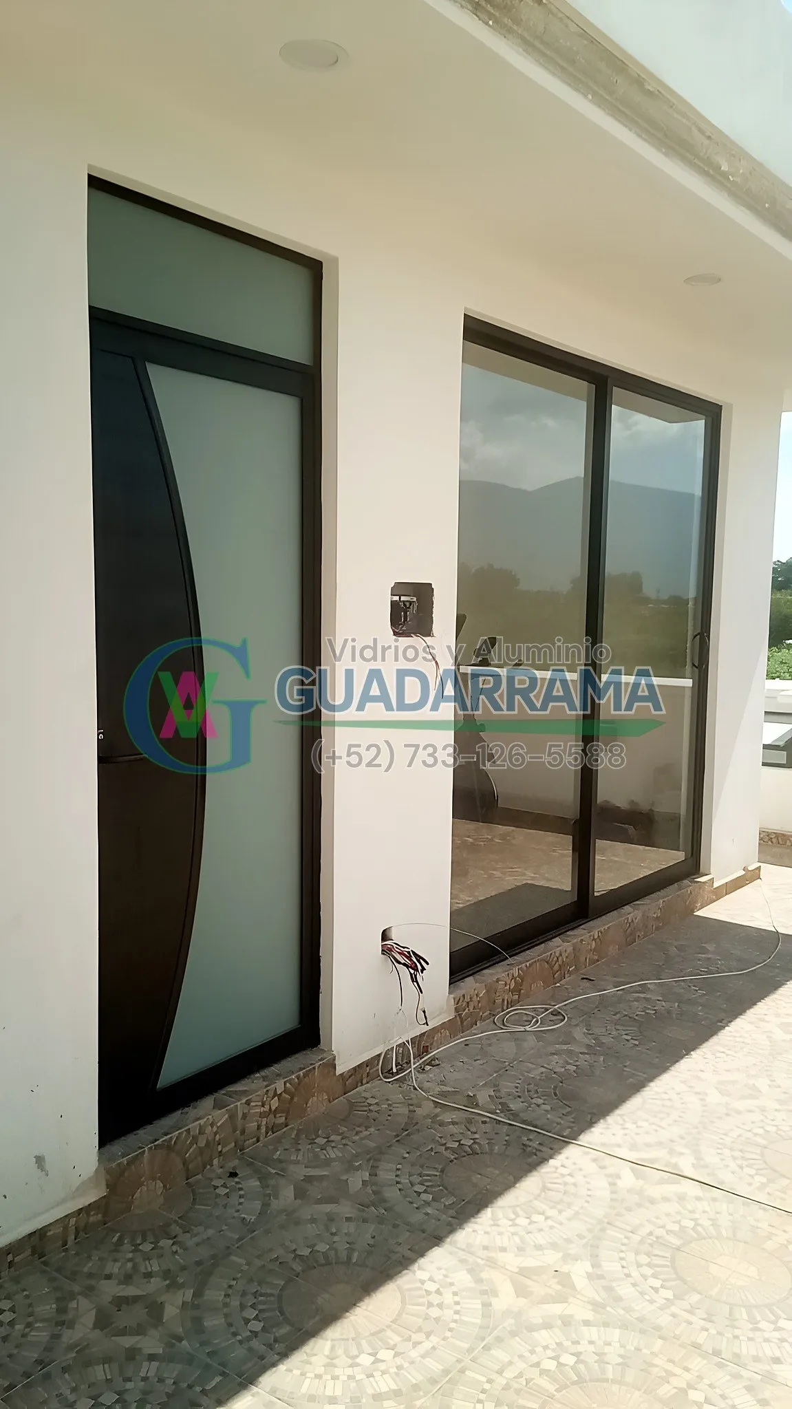 Puerta abatible para exterior con perfil negro y vidrio tintex esmerilado curvo.